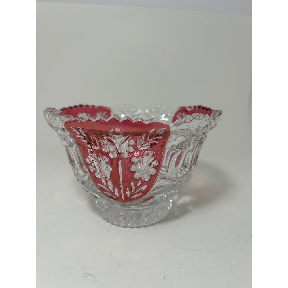 Vintage Ruby Flash Stained EAPG Pressed Glass Bowl Floral Etched Scalloped Edge - Picture 3 of 7